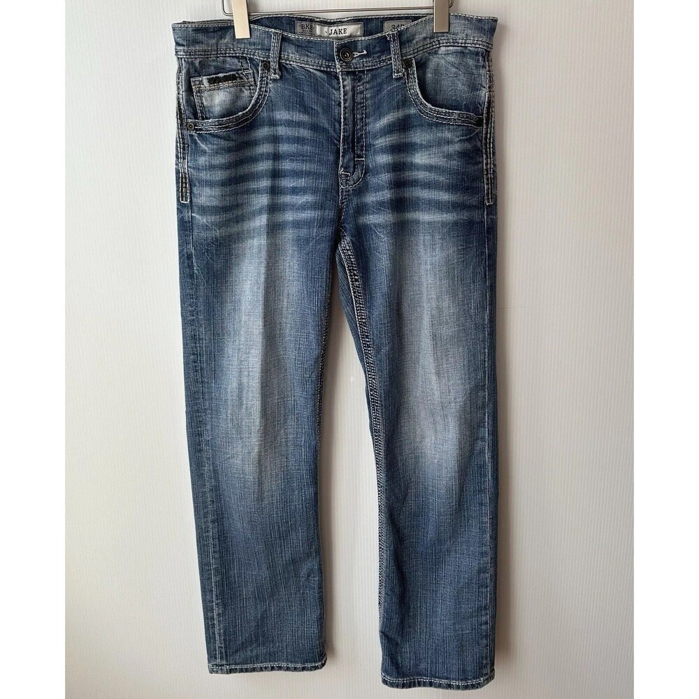 BKE Jeans Mens 34x30 Jake Straight Pants Buckle Dark Wash Faded Distressed